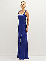 Side View Thumbnail - Cobalt Blue Square-Neck Satin A-line Maxi Dress with Front Slit