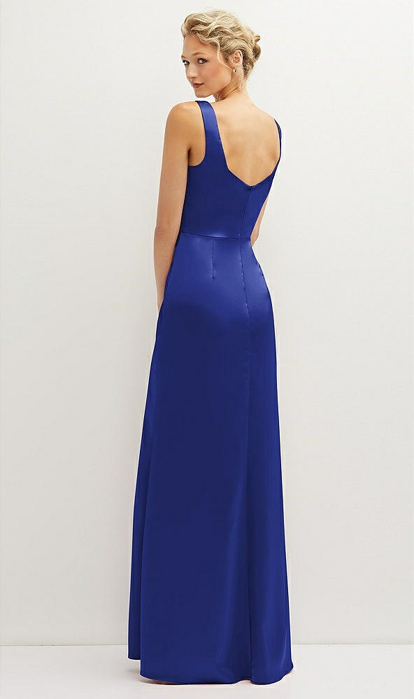 Back View - Cobalt Blue Square-Neck Satin A-line Maxi Dress with Front Slit