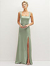 Front View Thumbnail - Sage Square-Neck Satin A-line Maxi Dress with Front Slit