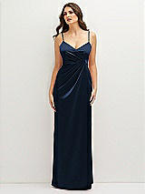 Front View Thumbnail - Midnight Navy Asymmetrical Draped Pleat Wrap Satin Maxi Dress