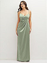 Front View Thumbnail - Sage Asymmetrical Draped Pleat Wrap Satin Maxi Dress