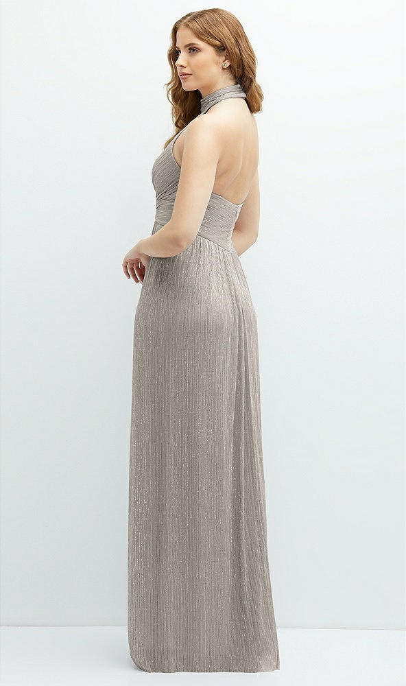 band collar halter open-back metallic pleated maxi dress