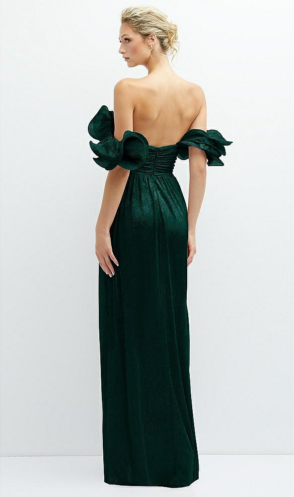 Back View - Metallic Evergreen Dramatic Ruffle Edge Convertible Strap Metallic Pleated Maxi Dress