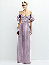 Front View Thumbnail - Metallic Lilac Haze Dramatic Ruffle Edge Convertible Strap Metallic Pleated Maxi Dress