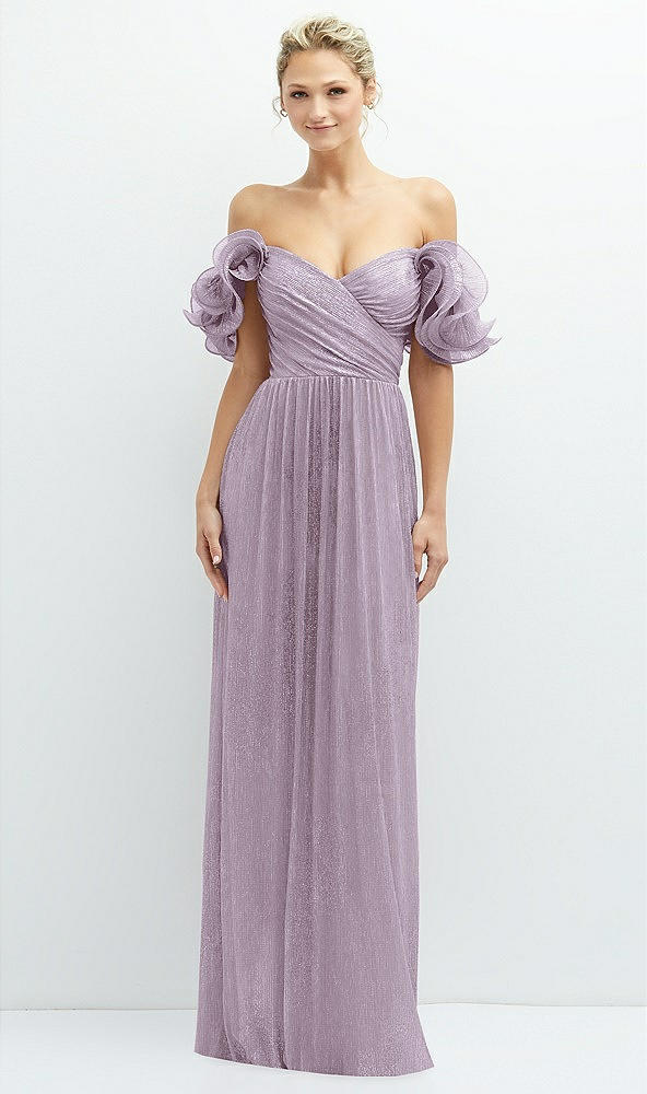 Front View - Metallic Lilac Haze Dramatic Ruffle Edge Convertible Strap Metallic Pleated Maxi Dress