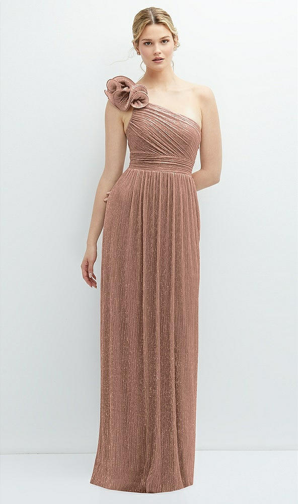 Front View - Metallic Sienna Dramatic Ruffle Edge One-Shoulder Metallic Pleated Maxi Dress