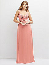 Alt View 1 Thumbnail - Rose Vertical Ruched Bodice Satin Maxi Dress with Full Skirt