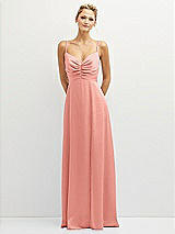 Front View Thumbnail - Rose Vertical Ruched Bodice Satin Maxi Dress with Full Skirt