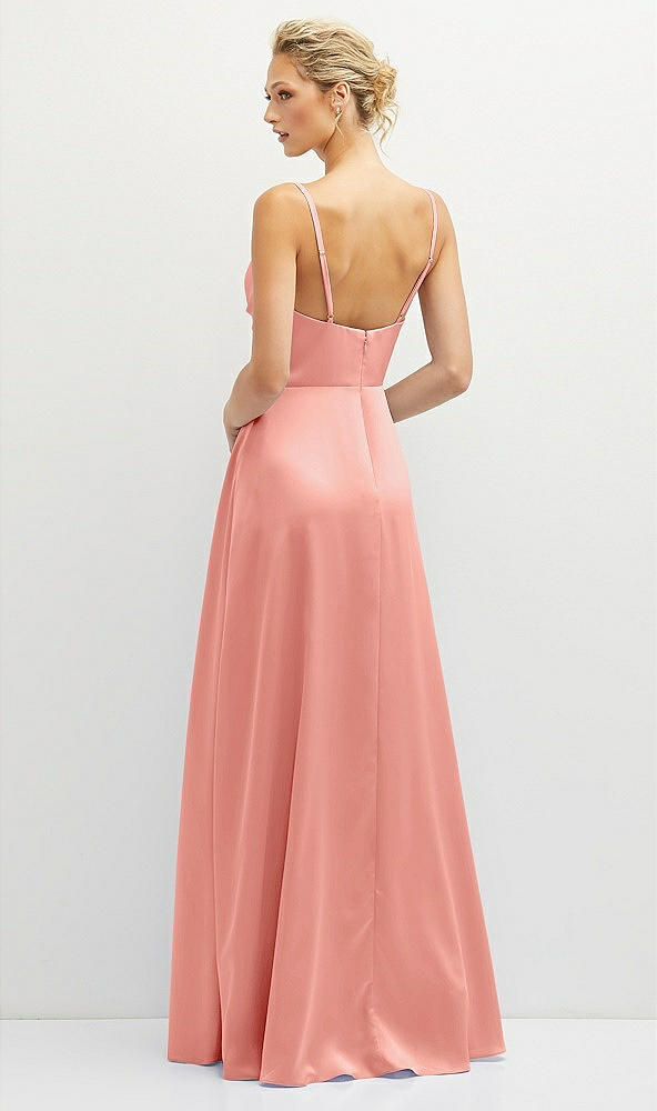 Back View - Rose Vertical Ruched Bodice Satin Maxi Dress with Full Skirt