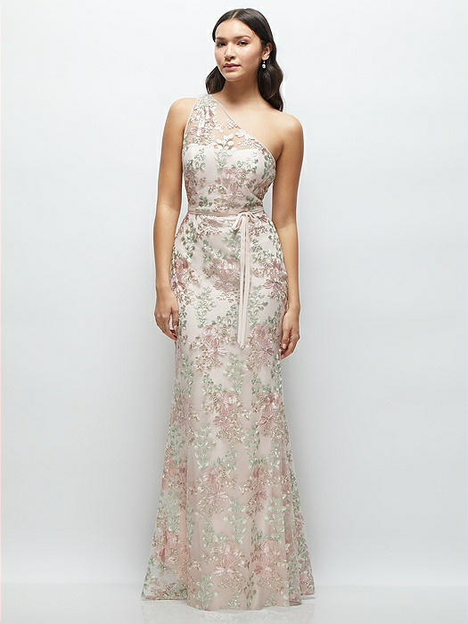 One-Shoulder Fit and Flare Floral Embroidered Dress with Skinny Tie Sash