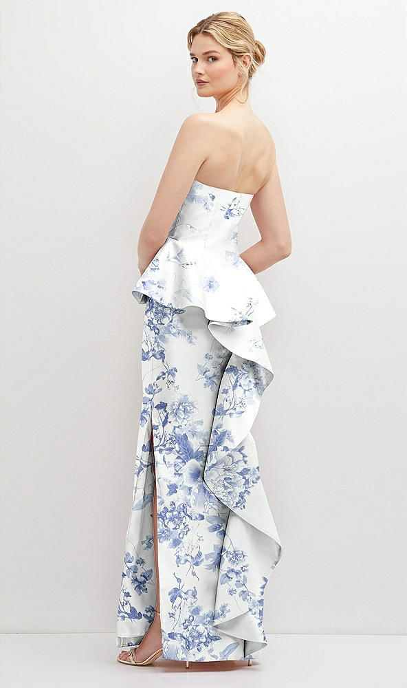 Back View - Cottage Rose Larkspur Floral Strapless Satin Maxi Dress with Cascade Ruffle Peplum Detail