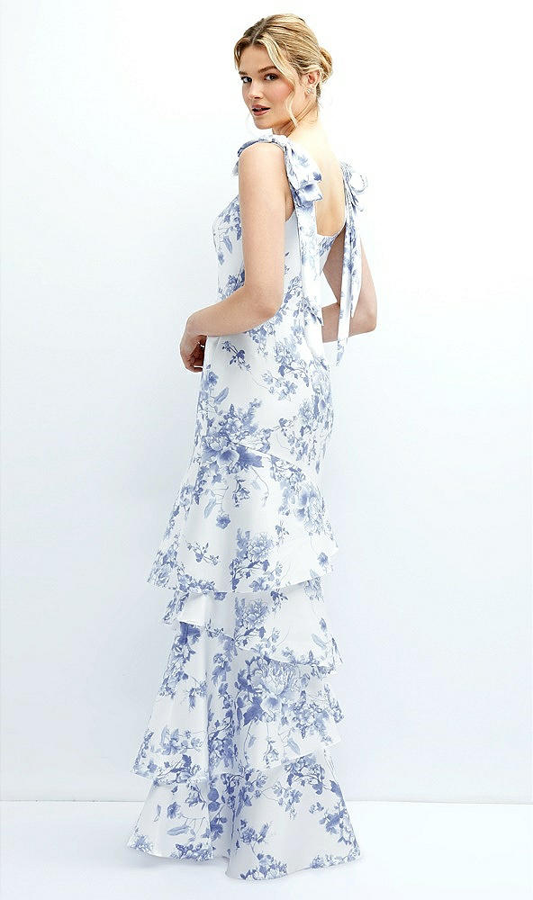 Back View - Cottage Rose Larkspur Floral Bow-Shoulder Satin Maxi Dress with Asymmetrical Tiered Skirt