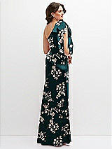 Rear View Thumbnail - Vintage Primrose Evergreen Floral One-Shoulder Satin Maxi Dress with Chic Oversized Shoulder Bow