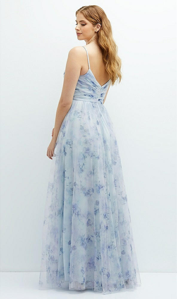 Back View - Mist Garden Floral Ruched Wrap Bodice Tulle Dress with Long Full Skirt