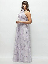 Side View Thumbnail - Lilac Haze Garden Floral Tie-Back Halter Tulle Dress with Long Full Skirt & Rosette Detail