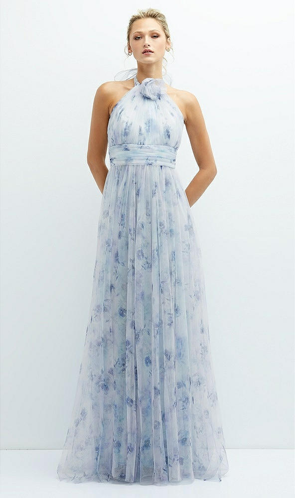 Front View - Mist Garden Floral Tie-Back Halter Tulle Dress with Long Full Skirt & Rosette Detail