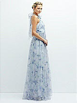 Side View Thumbnail - Mist Garden Floral Tie-Back Halter Tulle Dress with Long Full Skirt & Rosette Detail