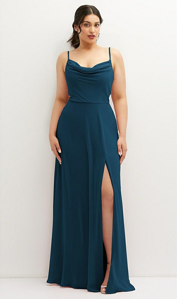 Front View - Atlantic Blue Soft Cowl-Neck A-Line Maxi Dress with Adjustable Straps