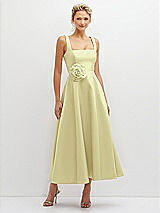 Front View Thumbnail - Butter Yellow Square Neck Satin Midi Dress with Full Skirt & Flower Sash