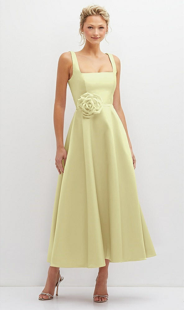 Front View - Butter Yellow Square Neck Satin Midi Dress with Full Skirt & Flower Sash