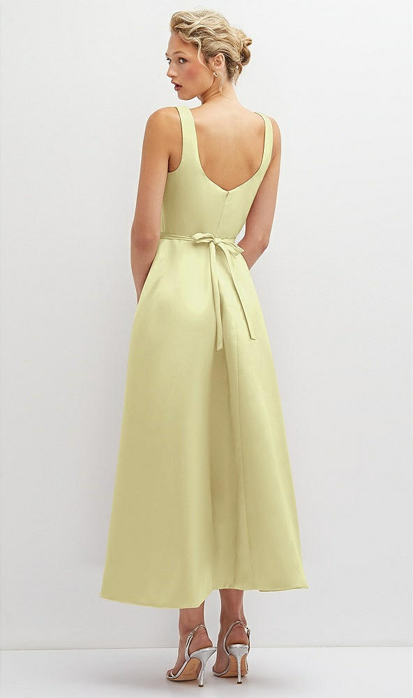 Back View - Butter Yellow Square Neck Satin Midi Dress with Full Skirt & Flower Sash