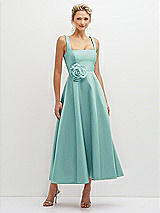 Front View Thumbnail - Coastal Square Neck Satin Midi Dress with Full Skirt & Flower Sash