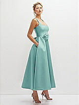 Side View Thumbnail - Coastal Square Neck Satin Midi Dress with Full Skirt & Flower Sash