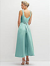 Rear View Thumbnail - Coastal Square Neck Satin Midi Dress with Full Skirt & Flower Sash