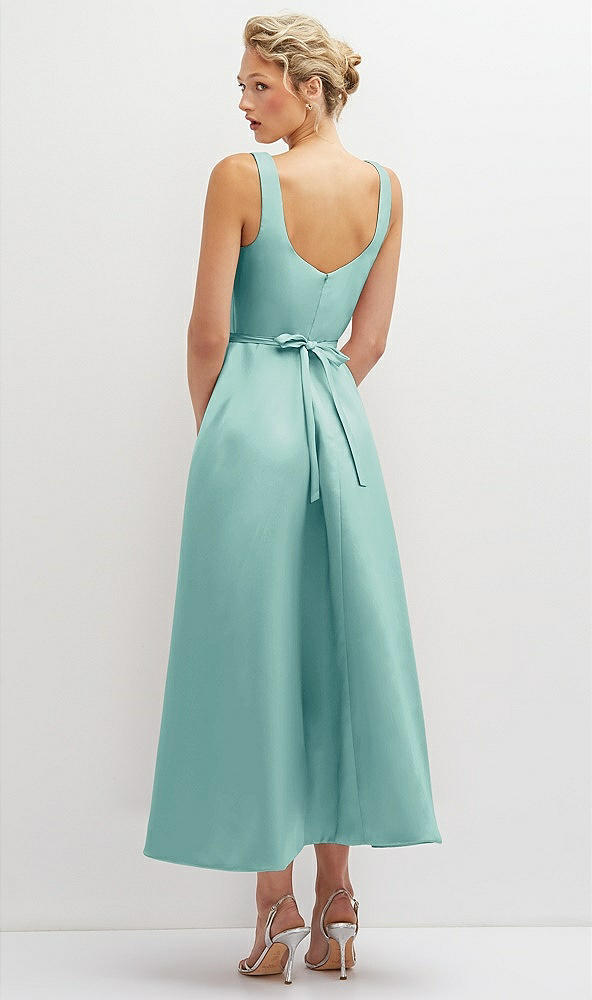 Back View - Coastal Square Neck Satin Midi Dress with Full Skirt & Flower Sash