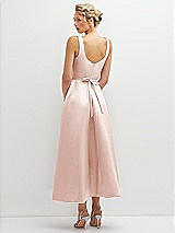 Rear View Thumbnail - Blush Square Neck Satin Midi Dress with Full Skirt & Flower Sash