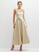 Front View Thumbnail - Champagne Square Neck Satin Midi Dress with Full Skirt & Flower Sash