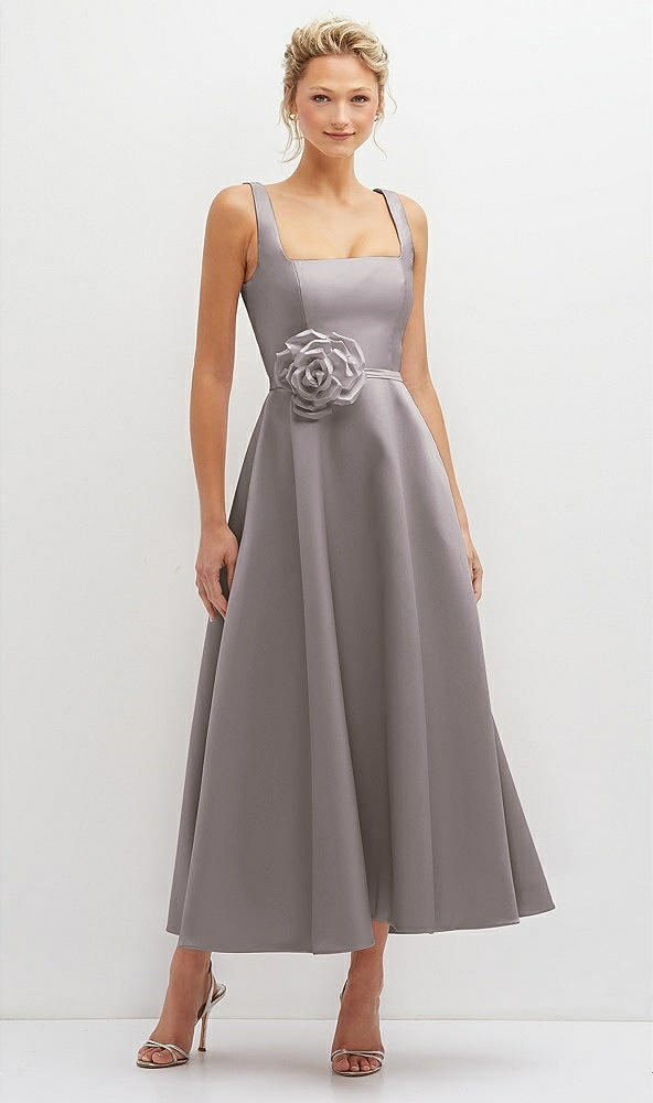 Front View - Cashmere Gray Square Neck Satin Midi Dress with Full Skirt & Flower Sash