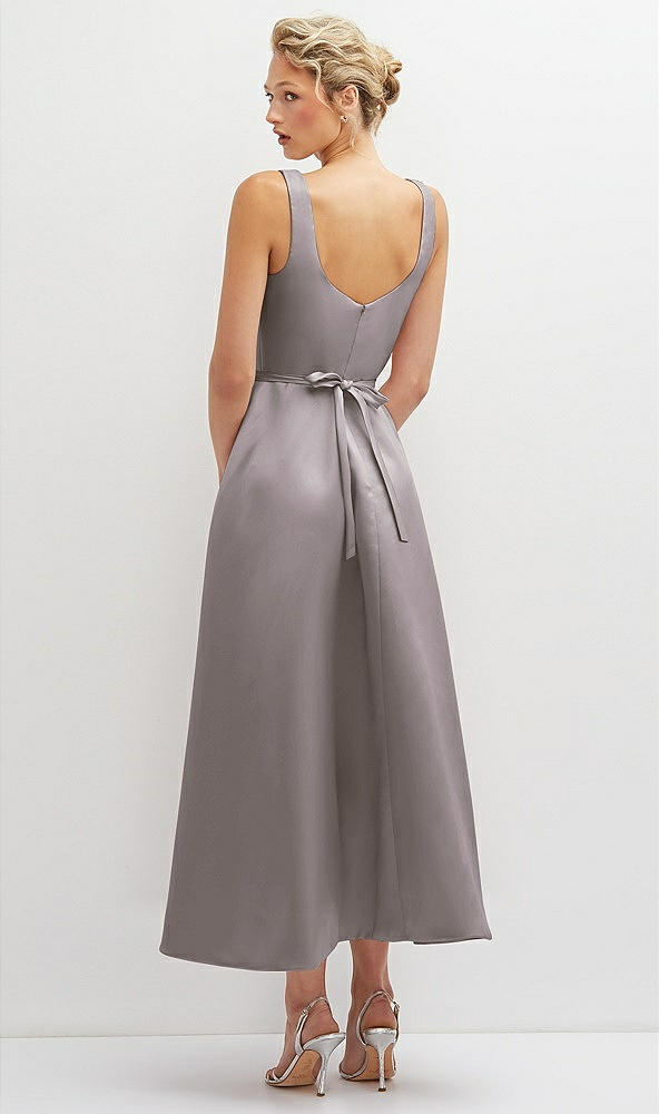 Back View - Cashmere Gray Square Neck Satin Midi Dress with Full Skirt & Flower Sash