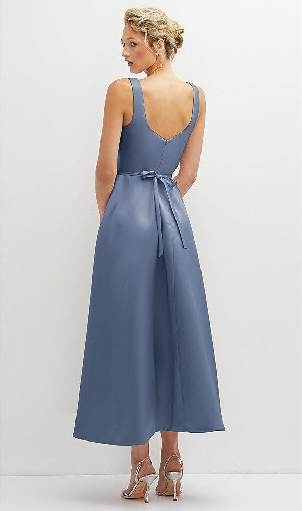 Back View - Larkspur Blue Square Neck Satin Midi Dress with Full Skirt & Flower Sash