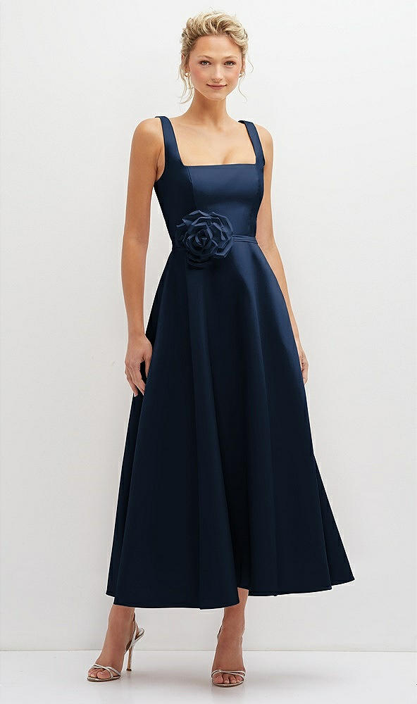 square neck satin midi dress with full skirt & flower sash