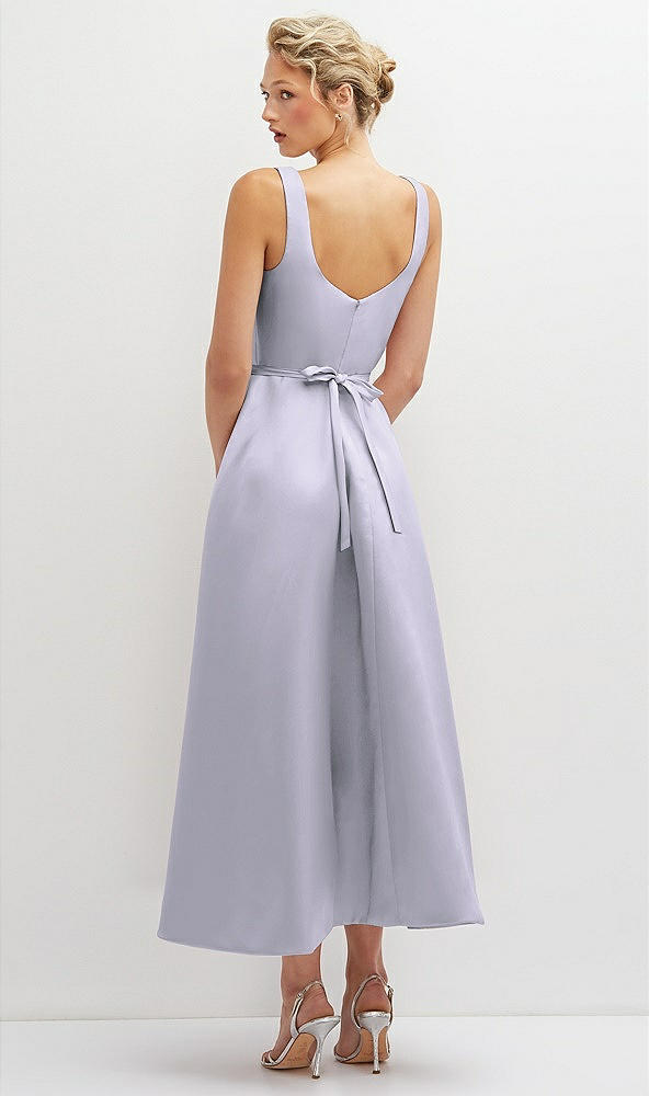 Back View - Silver Dove Square Neck Satin Midi Dress with Full Skirt & Flower Sash