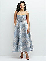 Front View Thumbnail - Porcelain Blue Seraphina Floral Draped Bodice Strapless Floral Midi Dress with Full Circle Skirt