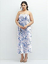 Alt View 1 Thumbnail - Magnolia Sky Floral Strapless Midi Bias Column Dress with Peek-a-Boo Corset Back