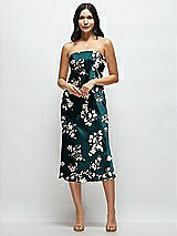 Front View Thumbnail - Vintage Primrose Evergreen Floral Strapless Midi Bias Column Dress with Peek-a-Boo Corset Back