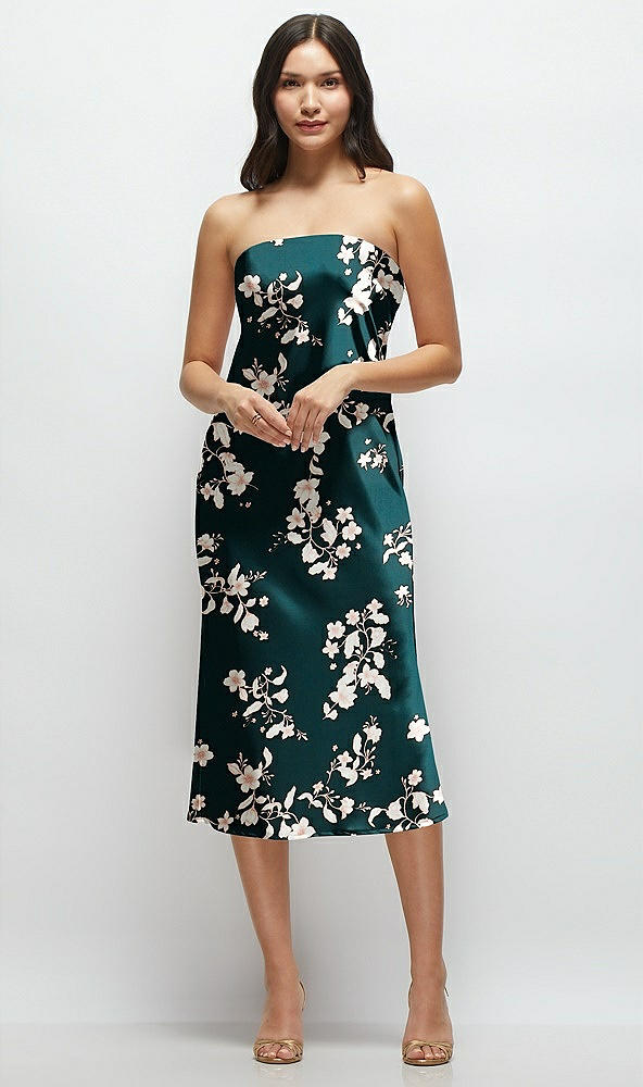 Front View - Vintage Primrose Evergreen Floral Strapless Midi Bias Column Dress with Peek-a-Boo Corset Back