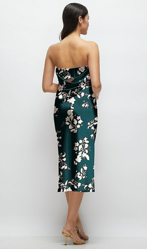 Back View - Vintage Primrose Evergreen Floral Strapless Midi Bias Column Dress with Peek-a-Boo Corset Back