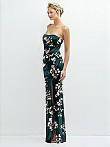 Side View Thumbnail - Vintage Primrose Evergreen Floral Strapless Topstitched Corset Satin Maxi Dress with Draped Column Skirt