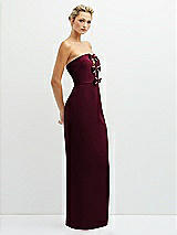 Side View Thumbnail - Cabernet Rhinestone Bow Trimmed Peek-a-Boo Deep-V Maxi Dress with Pencil Skirt