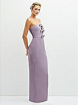 Side View Thumbnail - Lilac Haze Rhinestone Bow Trimmed Peek-a-Boo Deep-V Maxi Dress with Pencil Skirt