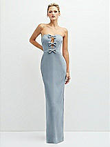 Front View Thumbnail - Mist Rhinestone Bow Trimmed Peek-a-Boo Deep-V Maxi Dress with Pencil Skirt