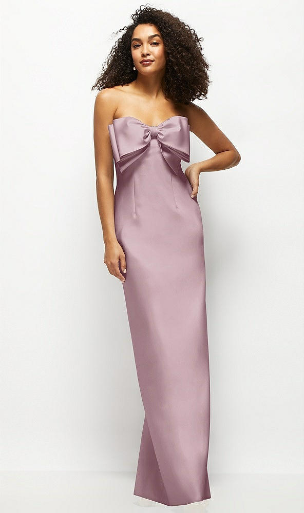 strapless satin column maxi dress with oversized handcrafted bow