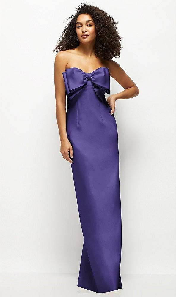 strapless satin column maxi dress with oversized handcrafted bow