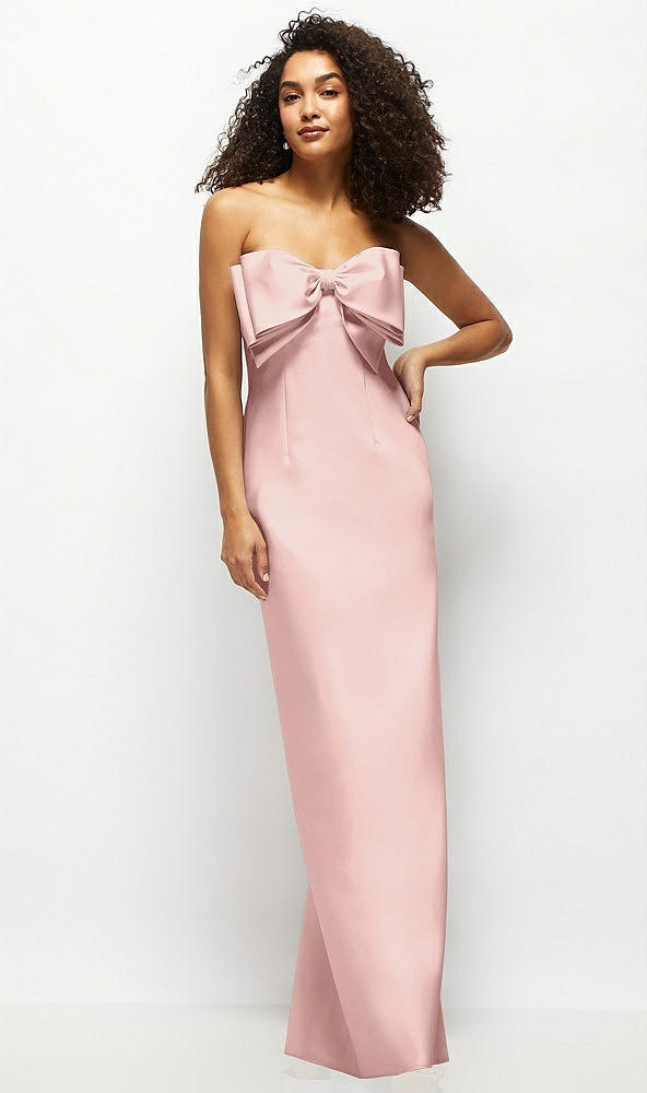 Front View - Rose Strapless Satin Column Maxi Dress with Oversized Handcrafted Bow