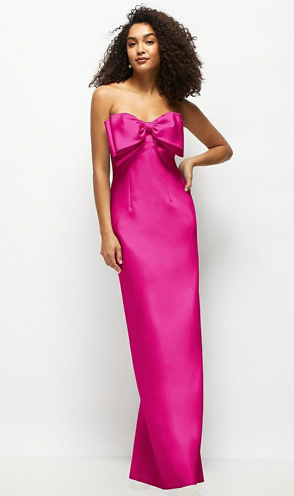 Front View - Think Pink Strapless Satin Column Maxi Dress with Oversized Handcrafted Bow