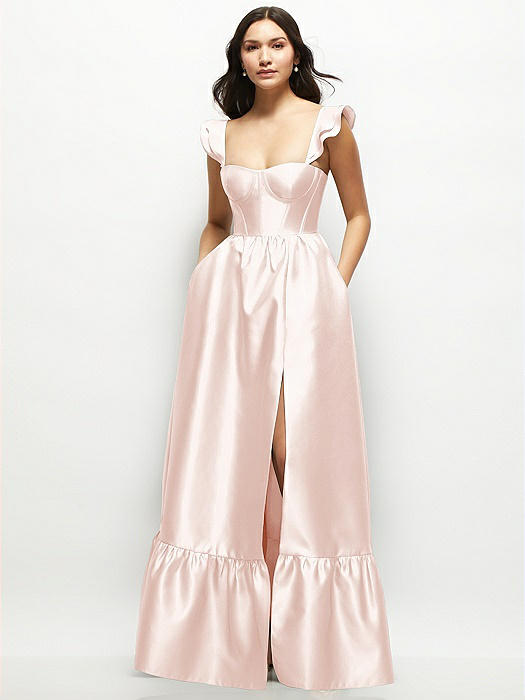 Satin Corset Maxi Dress with Ruffle Straps & Skirt